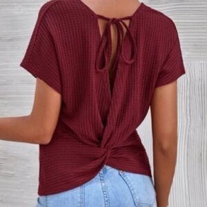 ♥️Waffle Knit Burgundy Women's Twist Knot Top